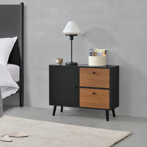[en.casa] Sidobord Gislaved-med 3 dörrar-62,5x80x30cm-trä-melaminbelagd spånskiva-svart-mörk träfärg-4 fack-3 dörrar-max.20kg