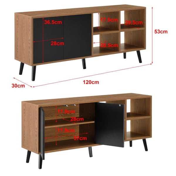 [en.casa] Sidobord Gnesta-53x120x30cm-trä-melaminbelagd spånskiva-svart-mörk träfärg-2 dörrar med tryck-och-öppna-funktionen-6 fack