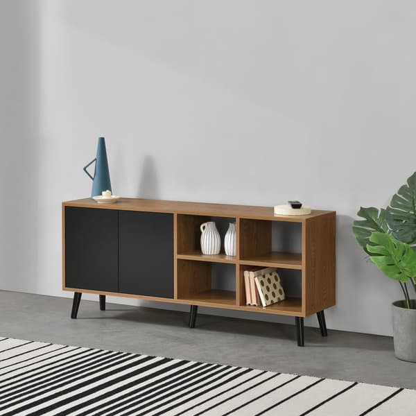 [en.casa] Sidobord Gnesta-53x120x30cm-trä-melaminbelagd spånskiva-svart-mörk träfärg-2 dörrar med tryck-och-öppna-funktionen-6 fack