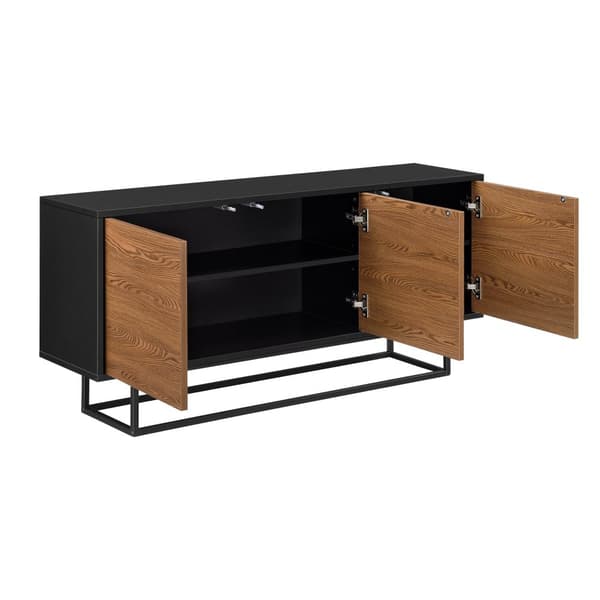 [en.casa] Sidobord Boxholm-55x120x30cm-metall-melaminbelagd spånskiva-svart-mörk träfärg-3 dörrar med tryck-och-öppna-funktionen