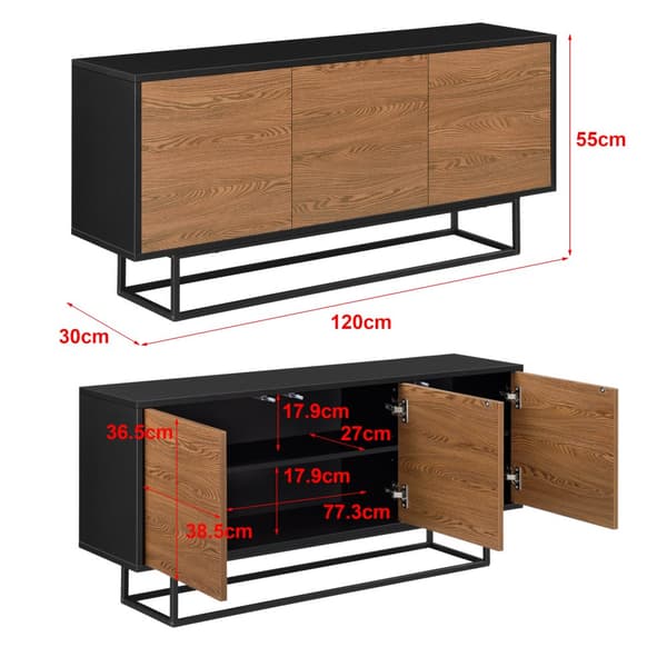 [en.casa] Sidobord Boxholm-55x120x30cm-metall-melaminbelagd spånskiva-svart-mörk träfärg-3 dörrar med tryck-och-öppna-funktionen