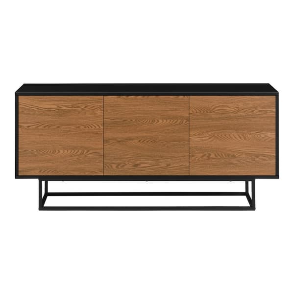 [en.casa] Sidobord Boxholm-55x120x30cm-metall-melaminbelagd spånskiva-svart-mörk träfärg-3 dörrar med tryck-och-öppna-funktionen