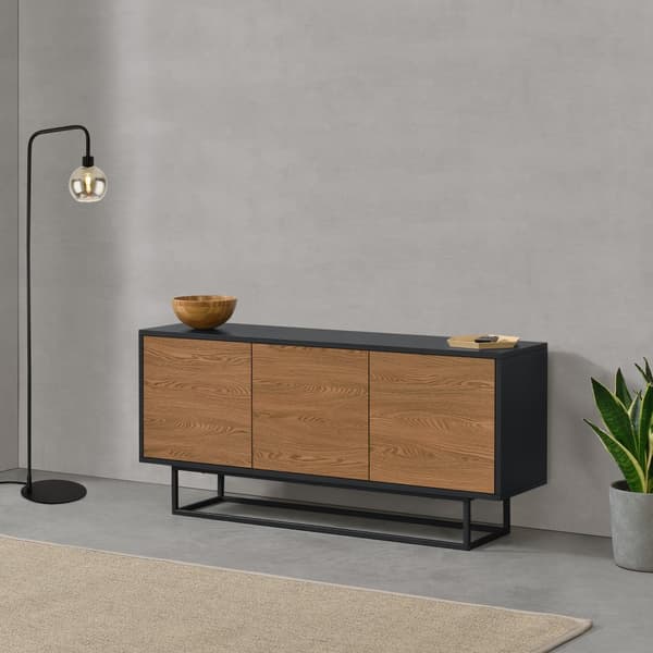 [en.casa] Sidobord Boxholm-55x120x30cm-metall-melaminbelagd spånskiva-svart-mörk träfärg-3 dörrar med tryck-och-öppna-funktionen