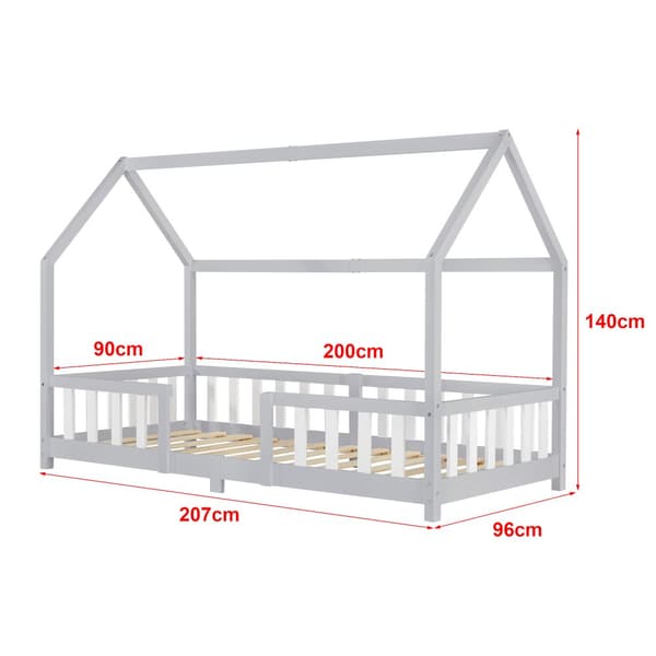 Juniorsäng Sisimiut hussäng inkl. madrass 200x90cm furu vitlackad ljusgrå med sängskydd [en.casa]