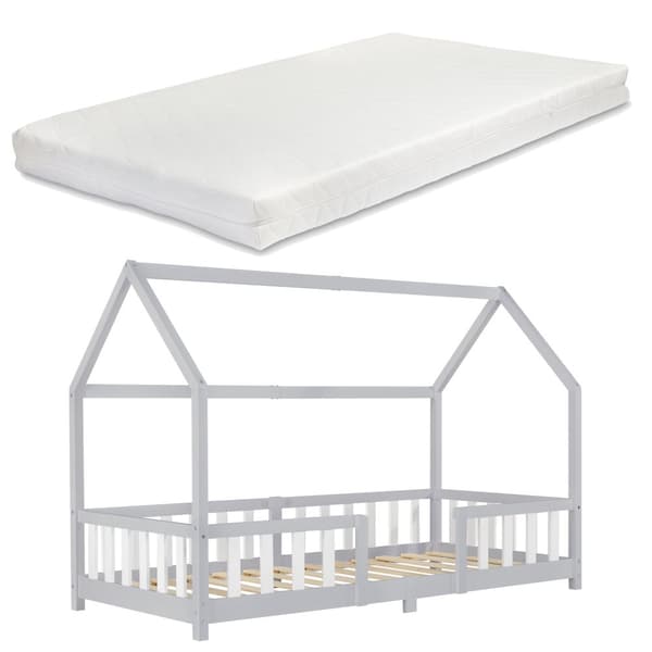 Juniorsäng Sisimiut hussäng inkl. madrass 200x90cm furu vitlackad ljusgrå med sängskydd [en.casa]