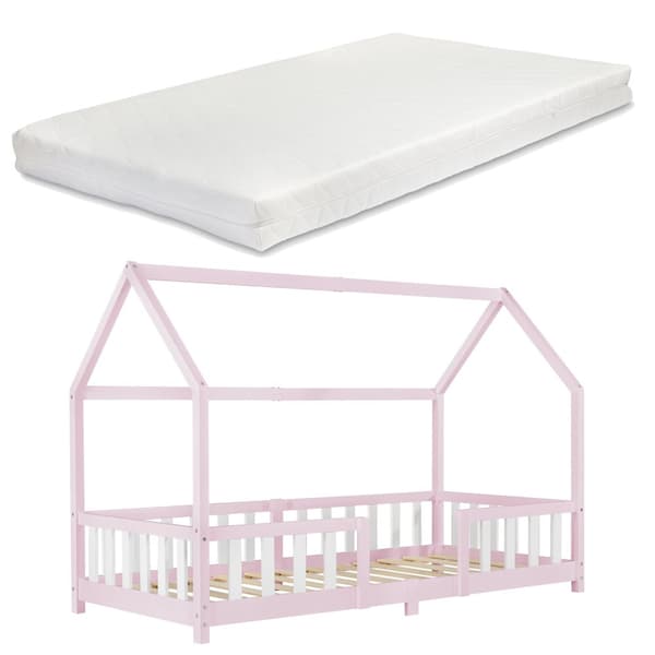 Juniorsäng Sisimiut hussäng inkl. madrass 200x90cm furu rosa med sängskydd max. belastning 100 kg [en.casa]