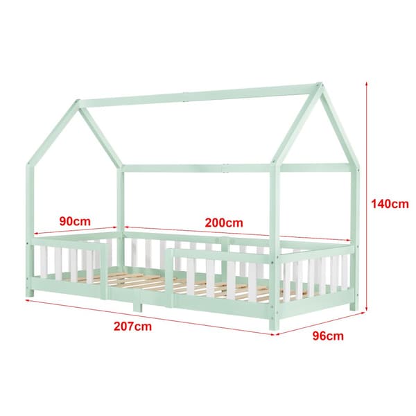 Juniorsäng Sisimiut hussäng inkl. madrass 200x90cm furu vitlackad mintfärgad med sängskydd [en.casa]