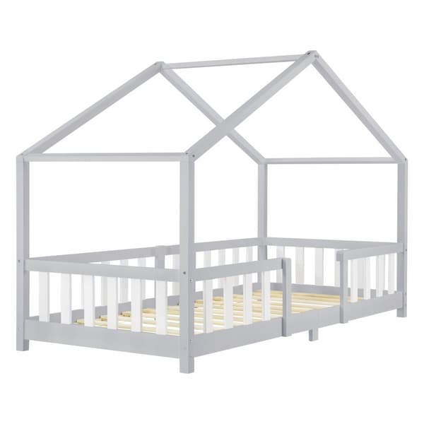 Hussäng Treviolo med sängskydd 200x90cm furu vitlackad ljusgrå [en.casa]