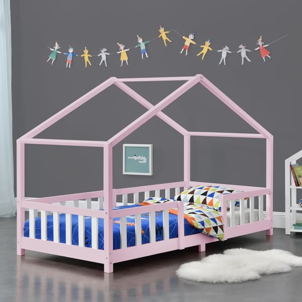 Hussäng Treviolo med sängskydd 200x90cm furu vitlackad rosa [en.casa]
