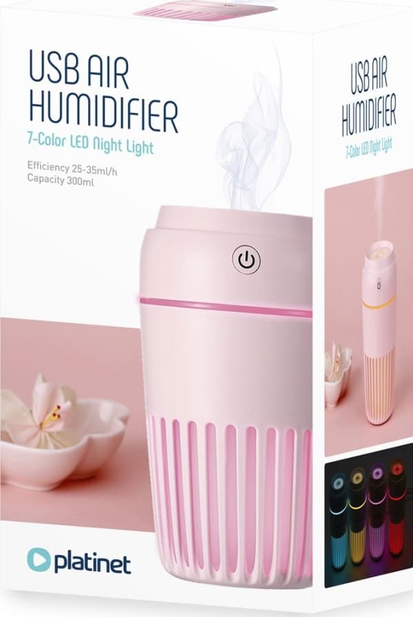 Platinet - Misty - ilmankostutin 300ml, LED-lamppu, ajastin, toimii myös tuoksuöljyn kanssa, vaaleanpunainen väri