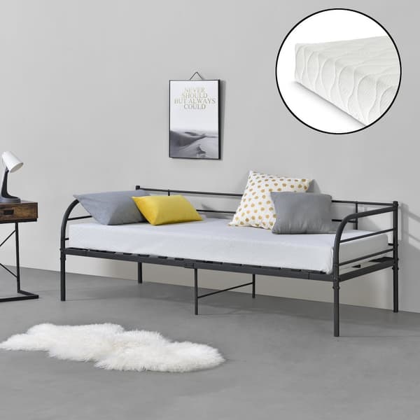 [en.casa] Dagbädd Falun med allergivänlig kallskum madrass-209x94,5x74cm-pulverlackerat stål-svart matt-max. belastning: 150 kg-reptålig