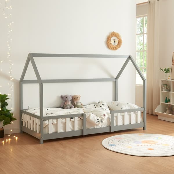 Juniorsäng Sisimiut hussäng 200x90cm furu ljusgrå med sängskydd [en.casa]