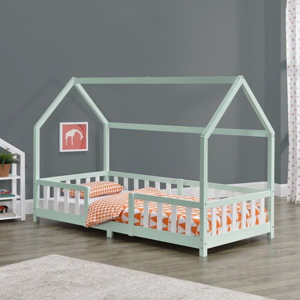 Juniorsäng Sisimiut hussäng 200x90cm furu mintfärgad med sängskydd [en.casa]