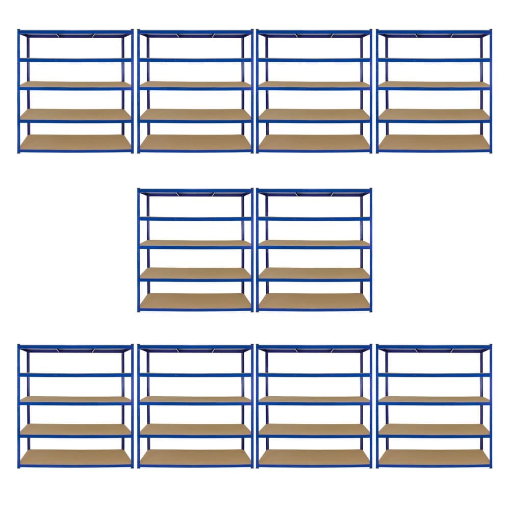 10 x Robusta Lagerhyllor Verkstadshylla Garagehylla Verkstad Garage Lager Förvaring MDF Bultfri Bultlös Legerat Stål Blå 160 x 60 x 180 cm