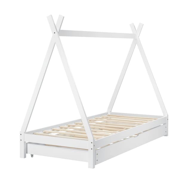 Juniorsäng Cree med utdragbar undersäng och allergivänlig madrass 200x90cm furu vit [en.casa]