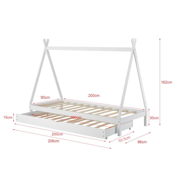 Juniorsäng Cree med utdragbar undersäng och allergivänlig madrass 200x90cm furu vit [en.casa]