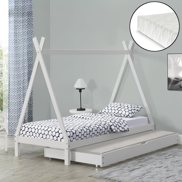 Juniorsäng Cree med utdragbar undersäng och allergivänlig madrass 200x90cm furu vit [en.casa]