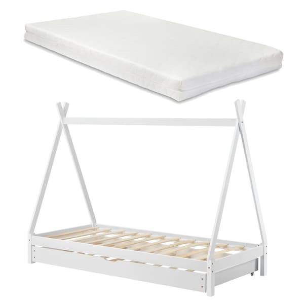Juniorsäng Cree med utdragbar undersäng och allergivänlig madrass 200x90cm furu vit [en.casa]