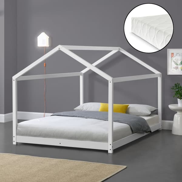 Juniorsäng Cerro inkl. madrass hussäng 200x120cm furu vit matt [en.casa]