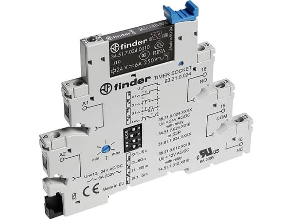 Finder 38.21.0.012.0060 Tidsrelä 12 V DC/AC 10 st Tidsintervall: 0,1 - 21600 s 1 x växelkontakt