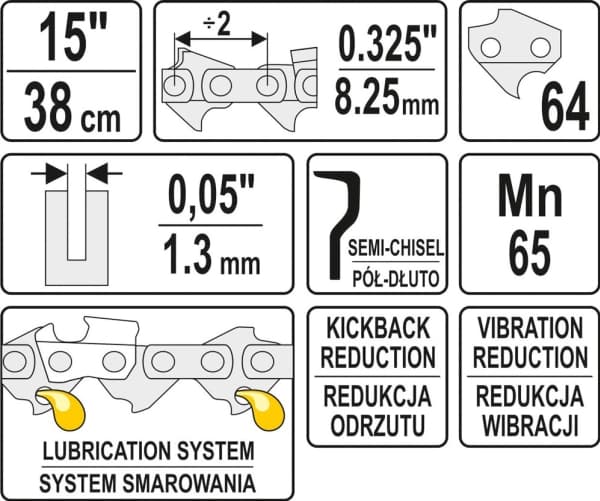 Yato YT-84945, Alle merker, 8,26 / 0,325 mm (0.325 / 0.325"), 38 cm