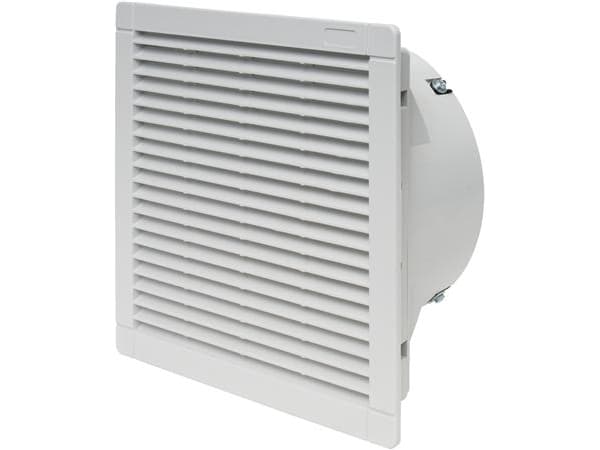 Puhallin 230V AC 250x250 mm, syvyys=104 mm, asennus=218 mm, 370 m³/tunti, 250 m³/tunti asennetun poistosuodattimen kanssa.