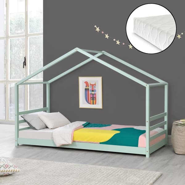 Juniorsäng Vardø inkl. madrass 200x90cm furu mintfärg [en.casa]®