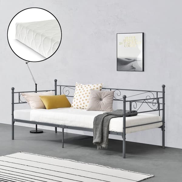 Enkelsäng Kerava inkl. madrass 200x90cm metall mörkgrå [en.casa]