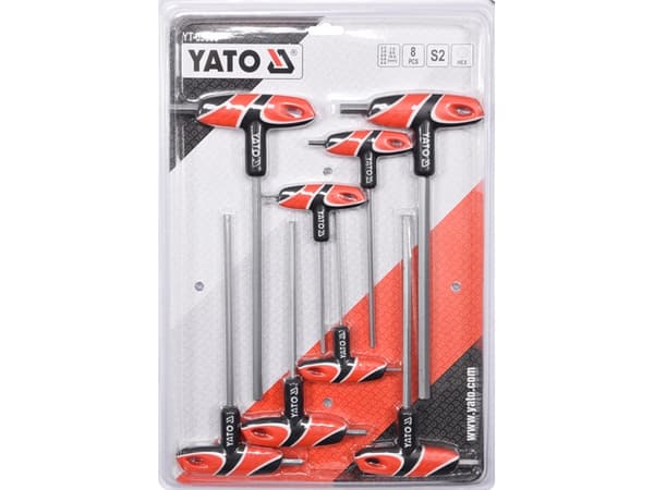 Yato YT-05583, Hex-nøkkelsett med T-grep, Metrisk, 8 stykker, T-grep med kort arm, Polypropylen (PP), Termoplastisk gummi (TPR), 2.5,3,4,5,6,7,8,10 m