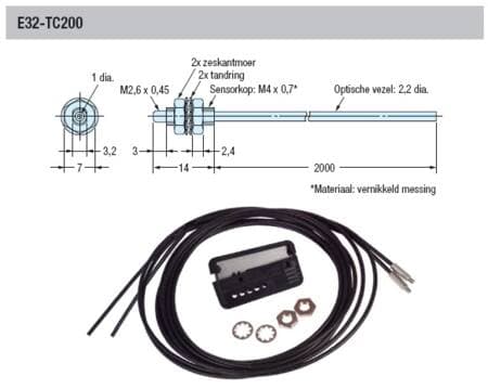 Fiberoptisk sensor, gennemgående bjælke, M4, 2m kabel E32-TC200 2M