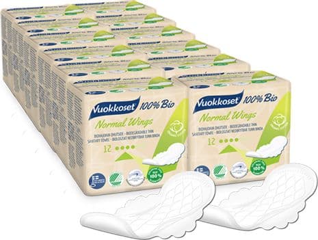 Vuokkoset Vuokkoset, 100% BIO, Sanitary pads with wings Normal, 12x12 pcs. CARDBOARD
