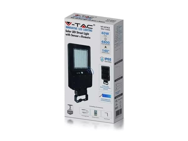 V-TAC Solar gatubelysning 40W 6000K 4800lm 120lm/W IP65 3 års garanti 5504