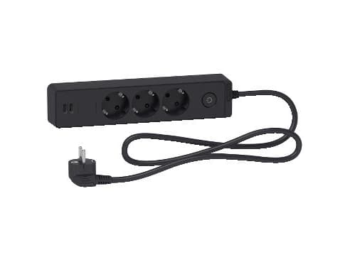 SCHNEIDER förlängningskabel för hushåll, 3 platser, 2 USB, 1,5 m
