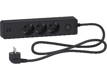 SCHNEIDER förlängningskabel för hushåll, 3 platser, 2 USB, 1,5 m