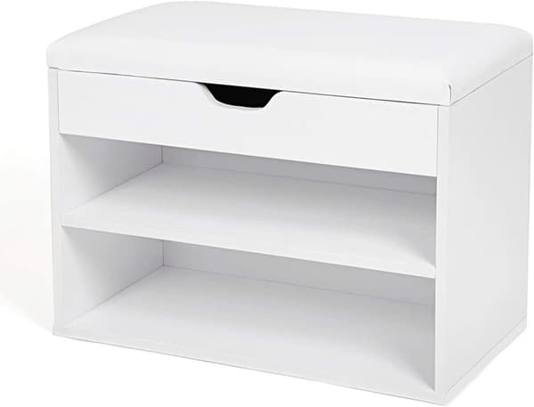 Skohylla - Förvaringsbänk med sittdyna och 2 hyllor - Vit 60 x 30 x 44 cm