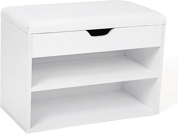 Skohylla - Förvaringsbänk med sittdyna och 2 hyllor - Vit 60 x 30 x 44 cm