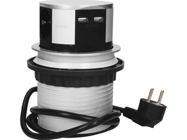 Orno Möbeluttag ?10cm som sticker ut från bordsskivan med USB-laddare och 1,5m kabel, 3x2P+Z, 2xUSB, schuko-version