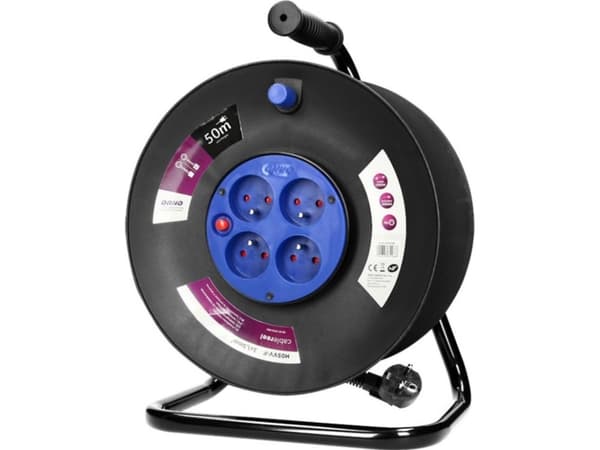 Orno Reel extension cord, 4 2P+Z sockets, PVC cable H05VV-F 3x1.5mm2, length 50m, thermal fuse, shutters for current paths.