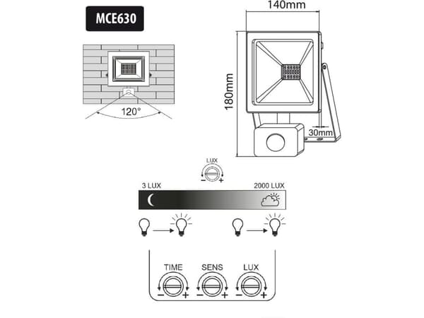 Maclean MCE630 NW LED-spotlight med Maclean bevegelsessensor, slank 30W, 2400lm, nøytral hvit (4000K), IP44, MCE630 NW PIR