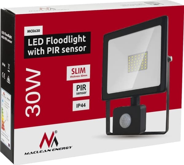 Maclean MCE630 NW LED-spotlight med Maclean bevegelsessensor, slank 30W, 2400lm, nøytral hvit (4000K), IP44, MCE630 NW PIR