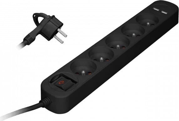 Orno Ylijännitesuojakaista, 5 pistorasiaa 2P+Z, kaapeli 1,5 m, kaksoiskytkin valaistulla kytkimellä. 10A/230 VAC, 2xUSB 2,1A laturi. Litteä pistoke