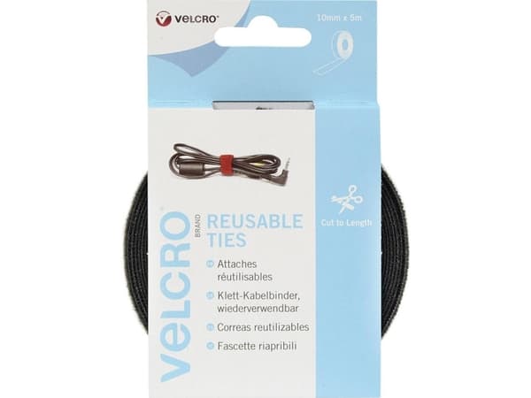 Kardborreband VEL-EC60253, Sort, 10 mm, 5 m, 1 stk