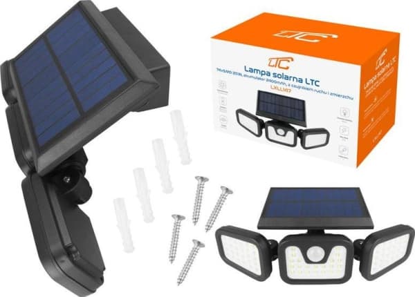 Vegglampe LTC Solarlampe LTC 74 x LED SMD, 20 W, bevegelses- og skumringssensor, justerbar lysvinkel, 2400 mAh batteri.