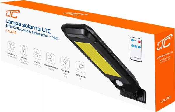 Wall lamp LTC Solar lamp LTC 30 W COB, 2000 lm, motion and twilight sensor, 2400 mAh battery + remote control.