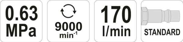 Yato YT-09955, Svart, 9000 spm, 78 dB, 89 dB, 23 m/s ², Tryckluft