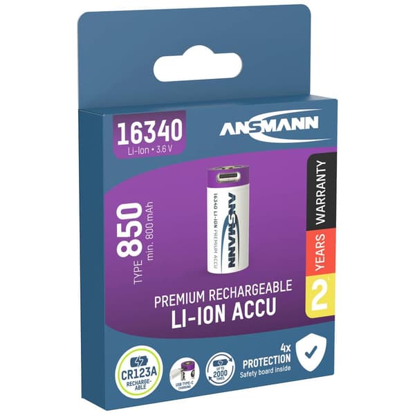 Ansmann 16340 USB-C®-batteri 16340 Li-Ion 3.6 V 850 mAh