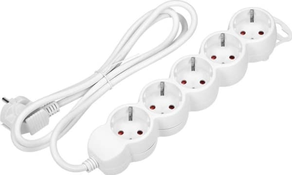 Orno 5gang förlängningskabel 2P+Z (schuko), 3m H05VV-F 3x1.0mm2, Imax=10A, vit ORAE13149(GS)/W/3M