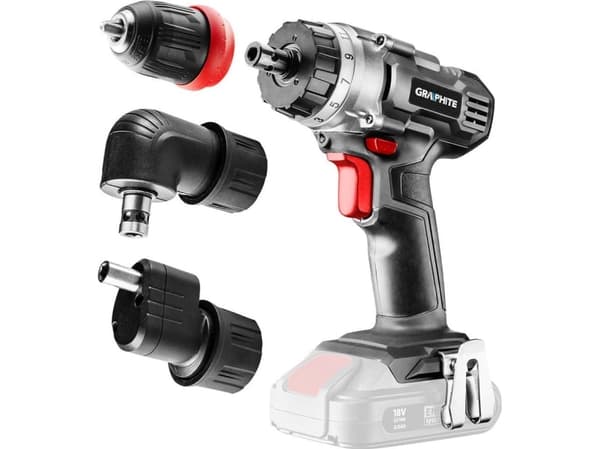 Graphite Akumuliatorinis gręžtuvas Energija + 18V, nuimamas griebtuvas 10 mm, plius kampinis adapteris ir adapteris