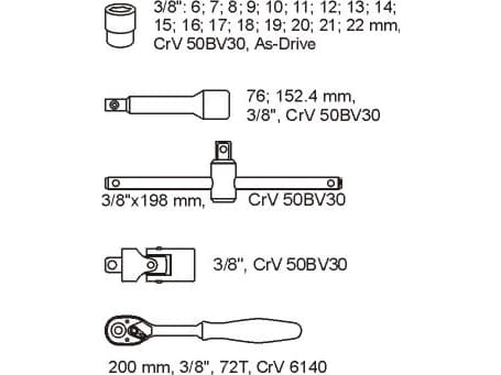 Yato YT-5542, Hylssats, 3/8", Metrisk, 17 huvuden, 6,7,8,9,10,11,12,13,14,15,16,17,18,19,20,21,22 mm