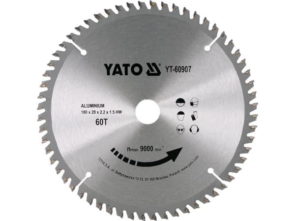 Yato YT-60907, Aluminium, 18 cm, 2 cm, Tungsten Carbide Tipped (TCT), 9000 RPM, 1 stykker